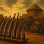Sacred ceremonial horns displayed during a royal succession gathering in Dagbon