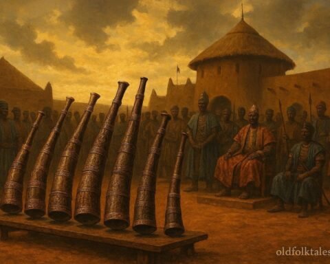 Sacred ceremonial horns displayed during a royal succession gathering in Dagbon