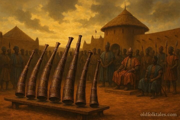 Sacred ceremonial horns displayed during a royal succession gathering in Dagbon
