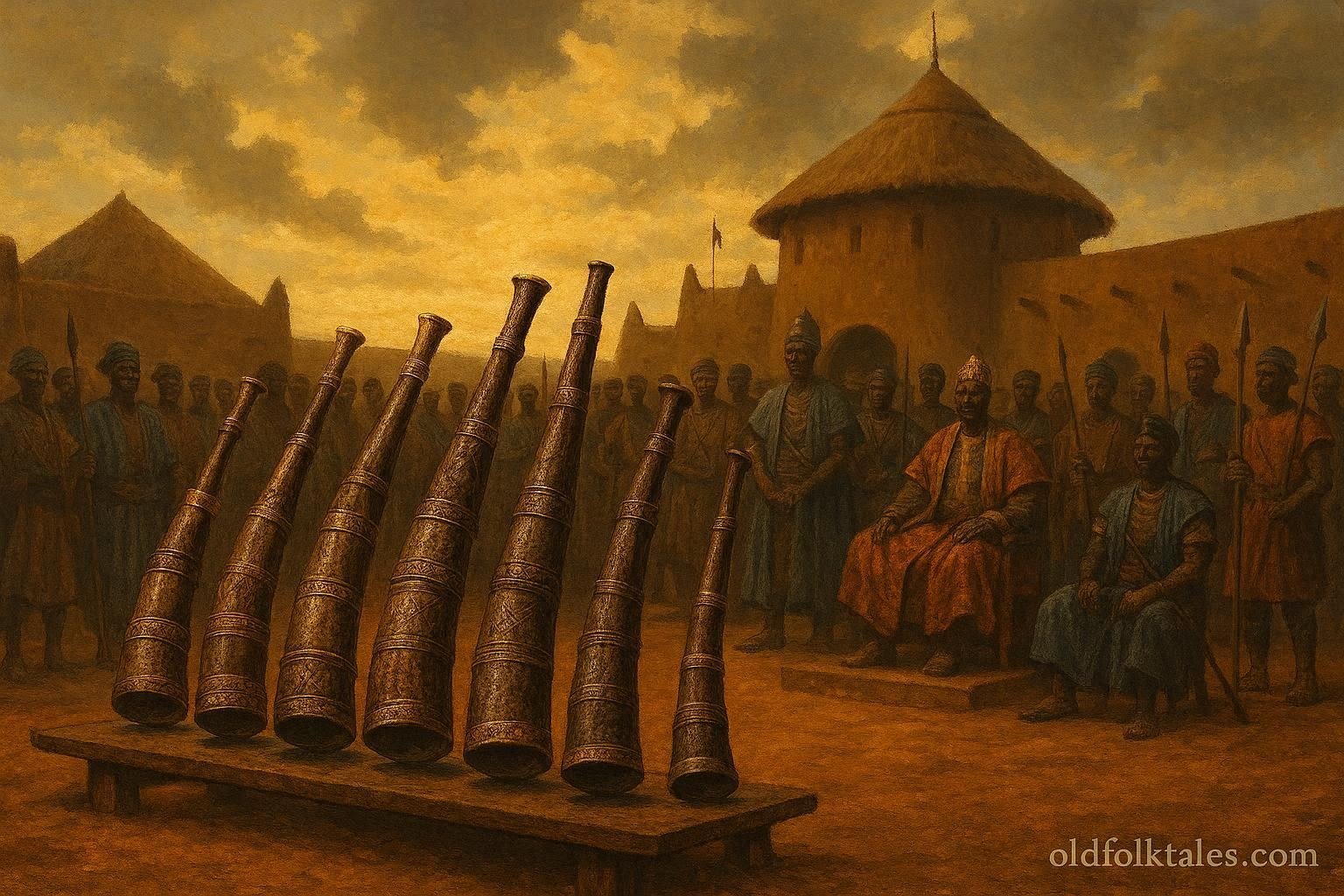 Sacred ceremonial horns displayed during a royal succession gathering in Dagbon