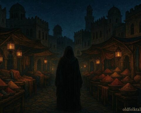 A mysterious merchant standing in the ancient night market of Mogadishu before political unrest
