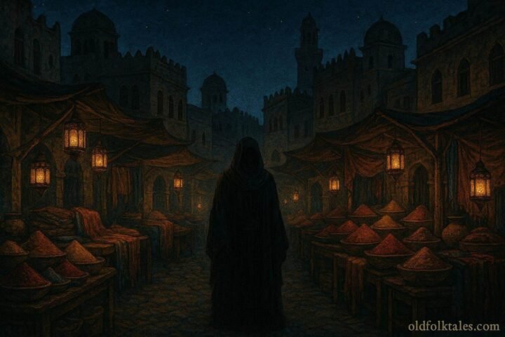 A mysterious merchant standing in the ancient night market of Mogadishu before political unrest