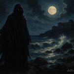 A mysterious shadowy figure standing beside the rocky coastline of ancient Elmina at night
