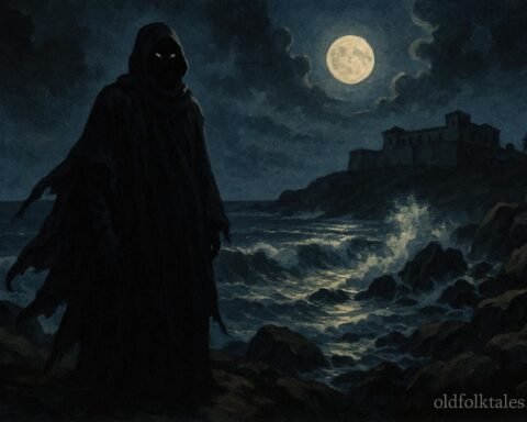 A mysterious shadowy figure standing beside the rocky coastline of ancient Elmina at night