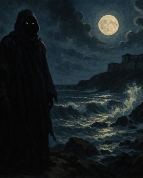 A mysterious shadowy figure standing beside the rocky coastline of ancient Elmina at night
