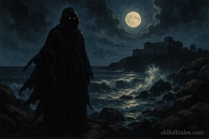 A mysterious shadowy figure standing beside the rocky coastline of ancient Elmina at night