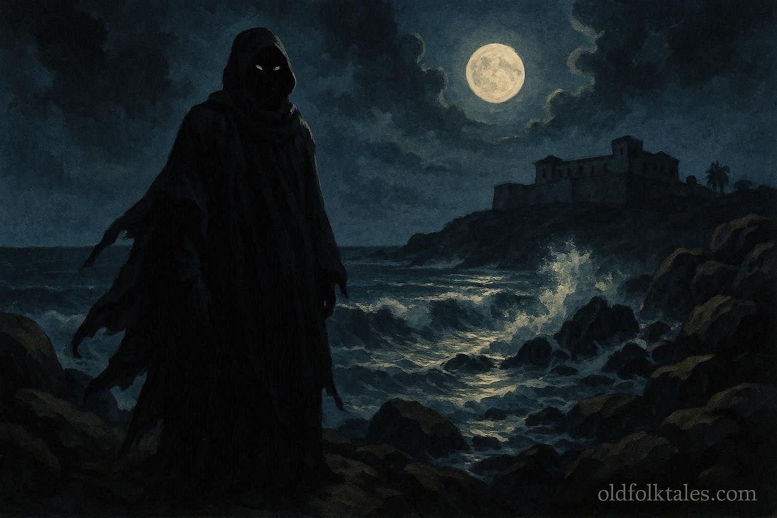 A mysterious shadowy figure standing beside the rocky coastline of ancient Elmina at night