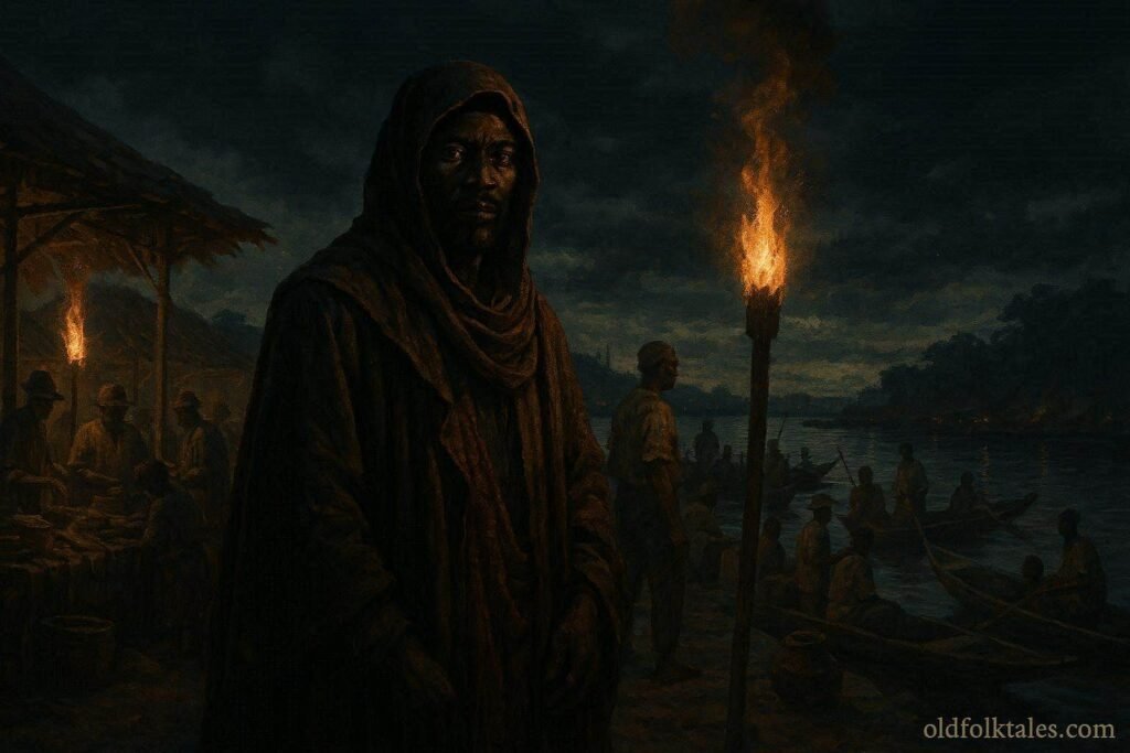 A mysterious merchant standing in a nighttime marketplace along the Congo River in Kisangani