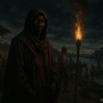 A mysterious merchant standing in a nighttime marketplace along the Congo River in Kisangani