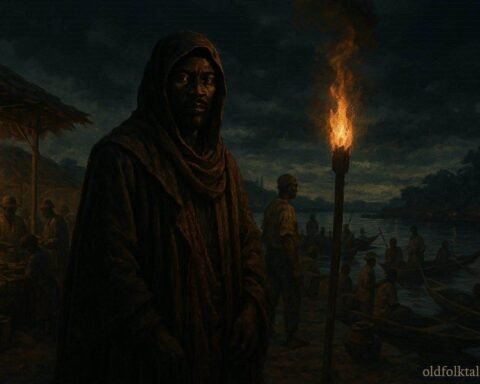 A mysterious merchant standing in a nighttime marketplace along the Congo River in Kisangani