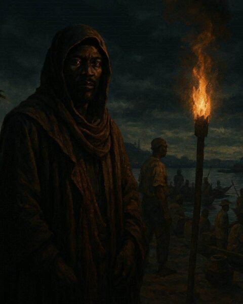 A mysterious merchant standing in a nighttime marketplace along the Congo River in Kisangani
