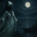 A mysterious spirit woman standing beside the misty waters of Lake Mai-Ndombe at night