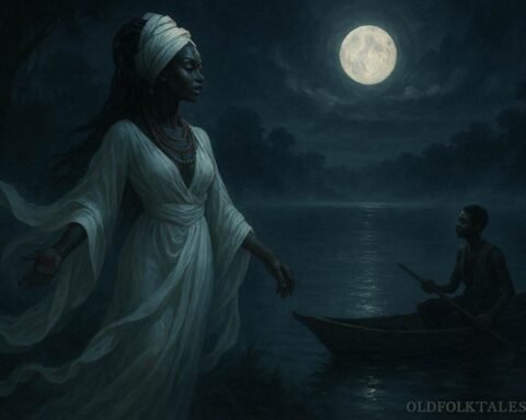 A mysterious spirit woman standing beside the misty waters of Lake Mai-Ndombe at night