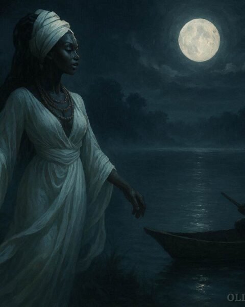 A mysterious spirit woman standing beside the misty waters of Lake Mai-Ndombe at night