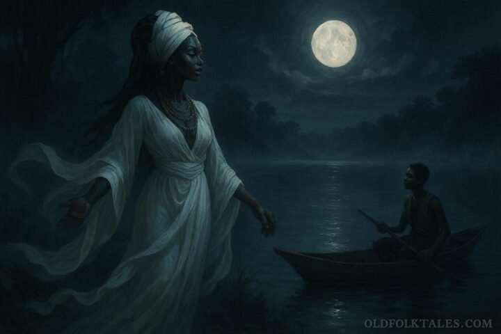 A mysterious spirit woman standing beside the misty waters of Lake Mai-Ndombe at night