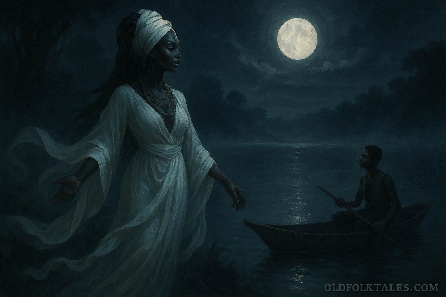 A mysterious spirit woman standing beside the misty waters of Lake Mai-Ndombe at night
