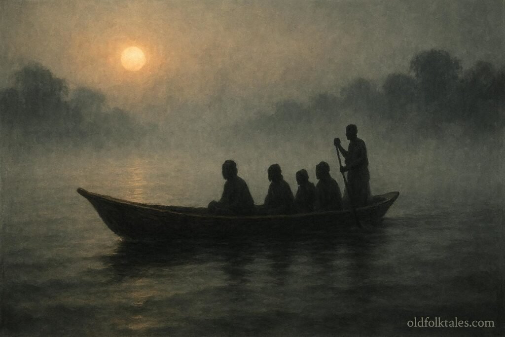 A mysterious canoe with shadowy figures drifting through fog on the Volta River