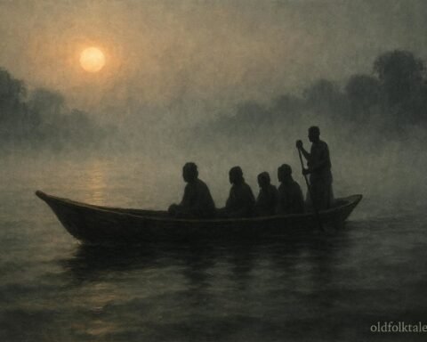 A mysterious canoe with shadowy figures drifting through fog on the Volta River