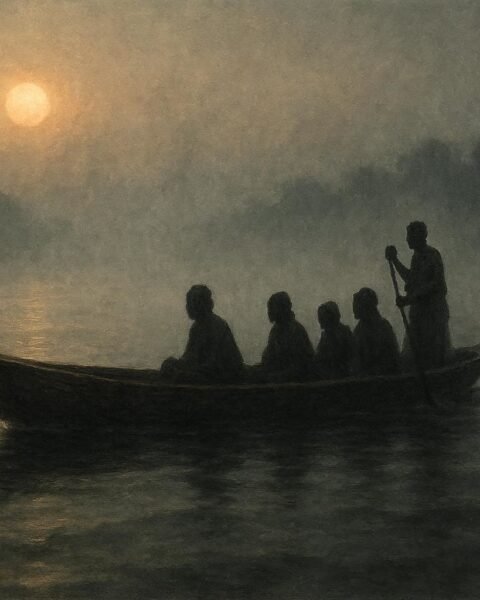 A mysterious canoe with shadowy figures drifting through fog on the Volta River
