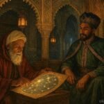 A royal astrologer reading celestial charts inside a Moroccan palace beside the sultan