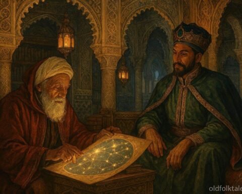 A royal astrologer reading celestial charts inside a Moroccan palace beside the sultan