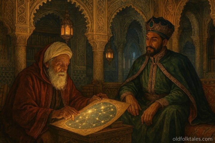 A royal astrologer reading celestial charts inside a Moroccan palace beside the sultan