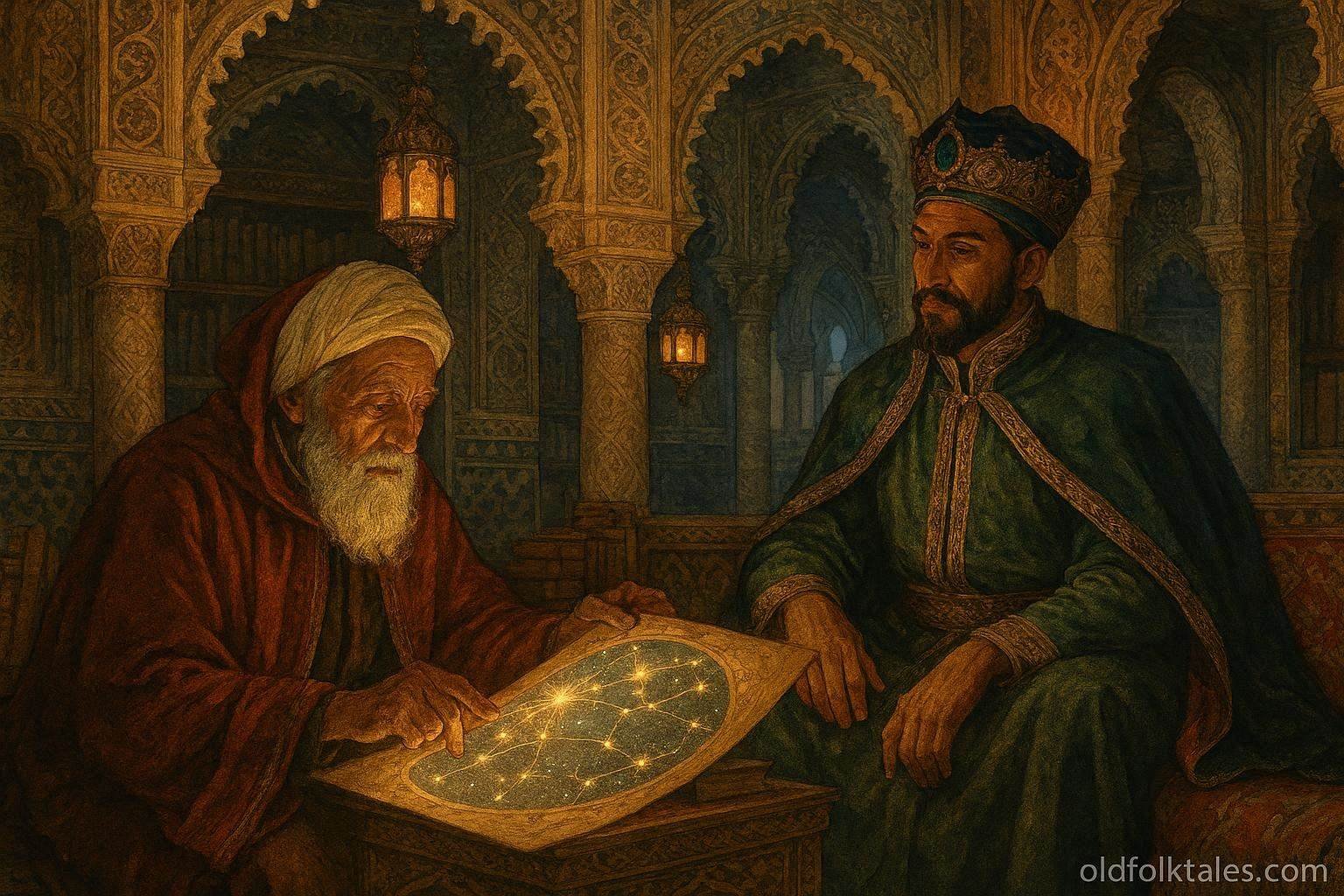 A royal astrologer reading celestial charts inside a Moroccan palace beside the sultan