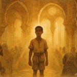 An illustration of hidden heir in Tunisian royal court, folktale scene of leadership and destiny.