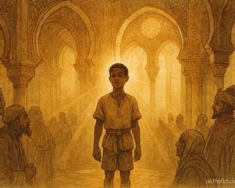 An illustration of hidden heir in Tunisian royal court, folktale scene of leadership and destiny.