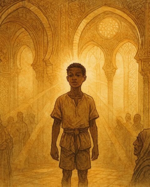 An illustration of hidden heir in Tunisian royal court, folktale scene of leadership and destiny.