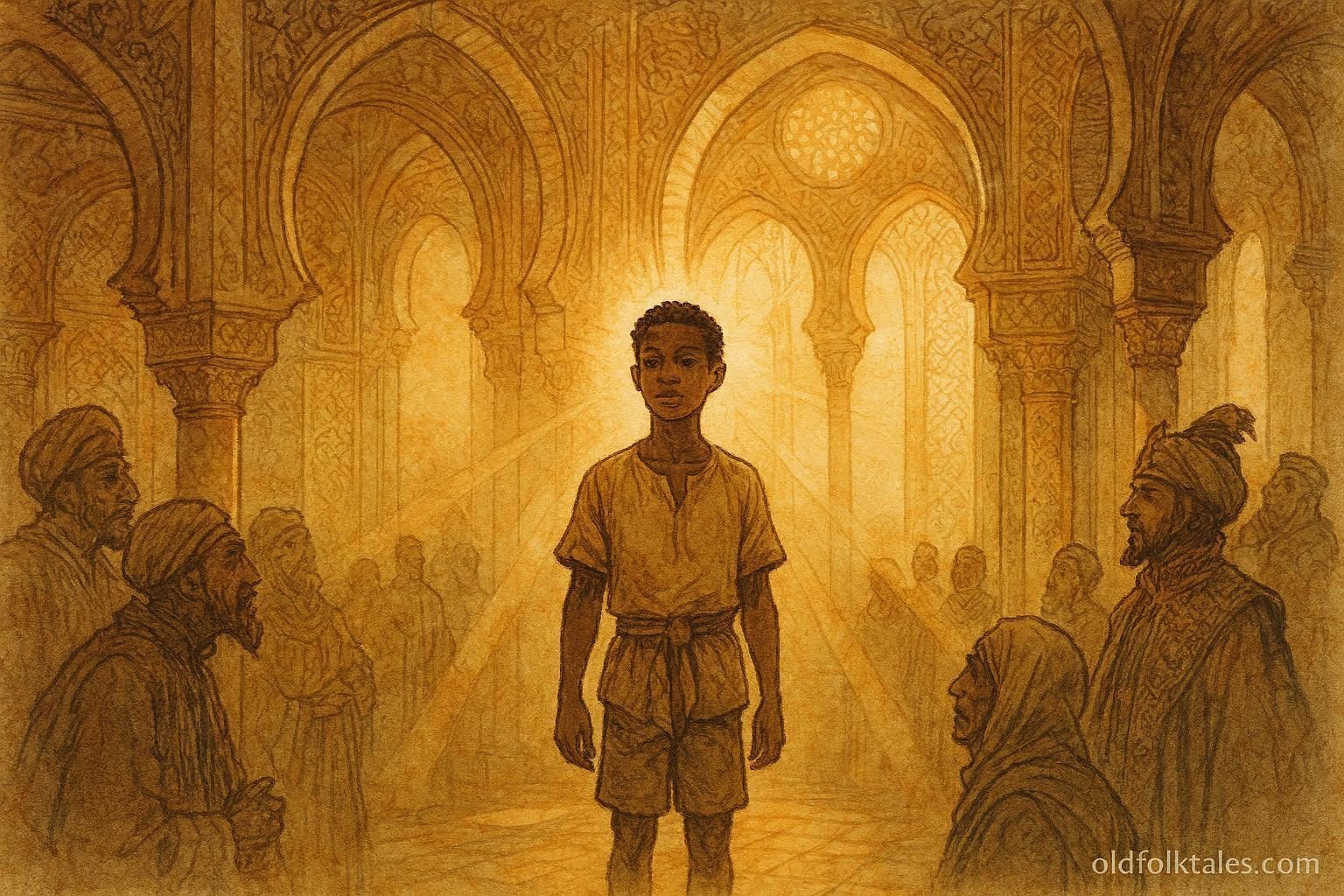 An illustration of hidden heir in Tunisian royal court, folktale scene of leadership and destiny.