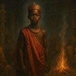 A young royal heir standing before ancestral elders during a sacred kingship ceremony in a Luba kingdom