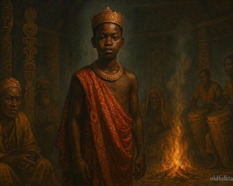 A young royal heir standing before ancestral elders during a sacred kingship ceremony in a Luba kingdom