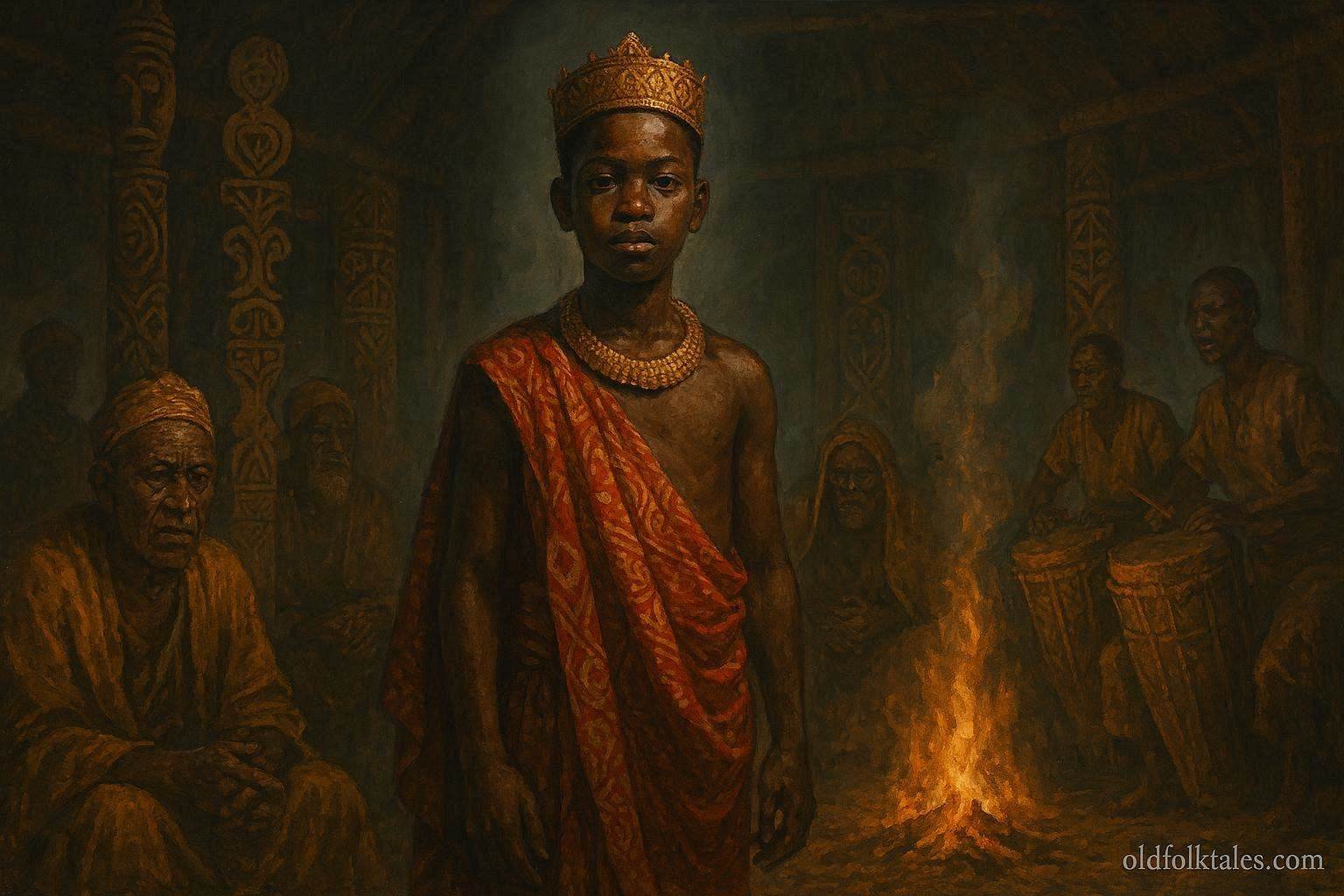 A young royal heir standing before ancestral elders during a sacred kingship ceremony in a Luba kingdom