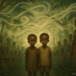 Twin children in a forest community surrounded by villagers in a symbolic moment of balance and tension