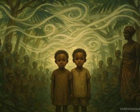 Twin children in a forest community surrounded by villagers in a symbolic moment of balance and tension