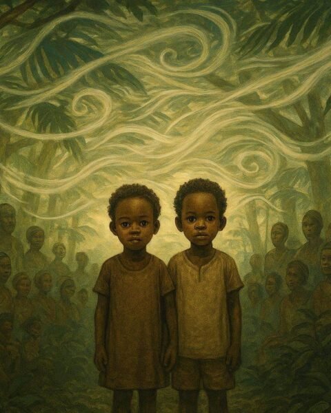 Twin children in a forest community surrounded by villagers in a symbolic moment of balance and tension