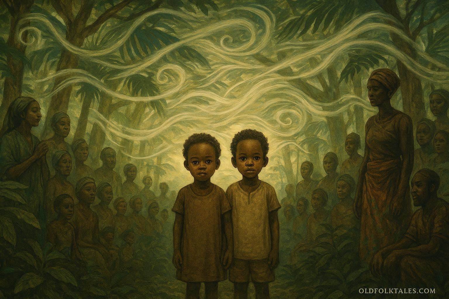 Twin children in a forest community surrounded by villagers in a symbolic moment of balance and tension