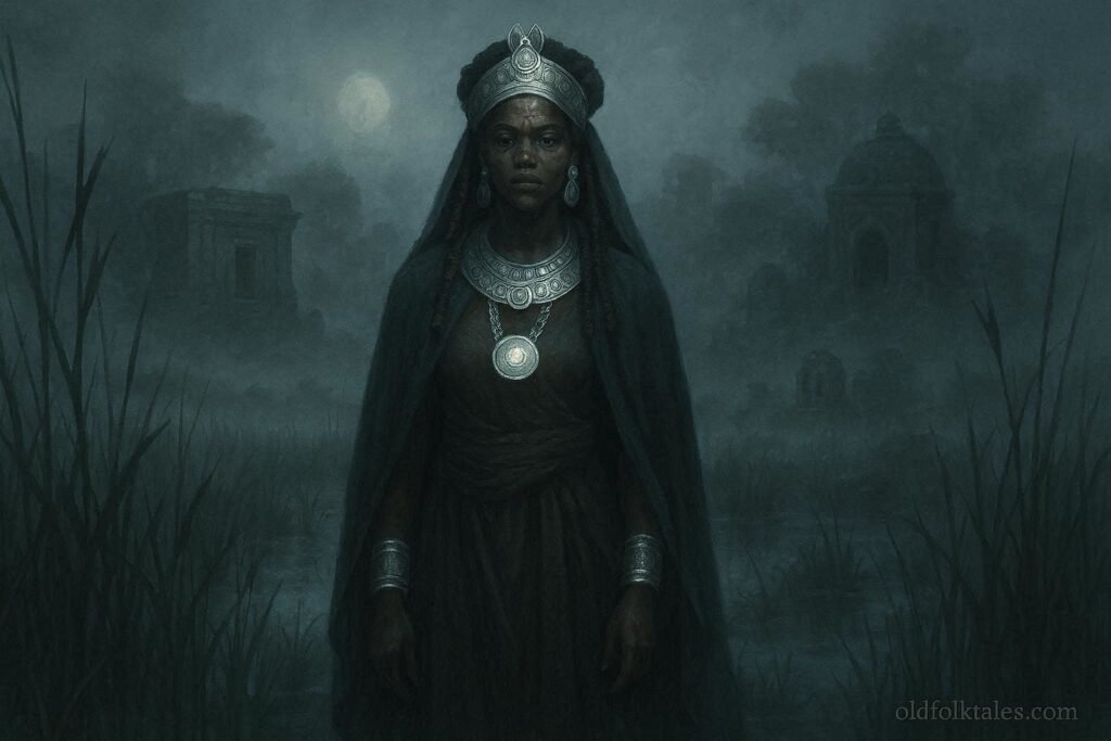 A mysterious Vazimba queen appearing through fog in sacred marshlands of Madagascar