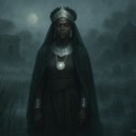 A mysterious Vazimba queen appearing through fog in sacred marshlands of Madagascar