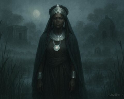 A mysterious Vazimba queen appearing through fog in sacred marshlands of Madagascar