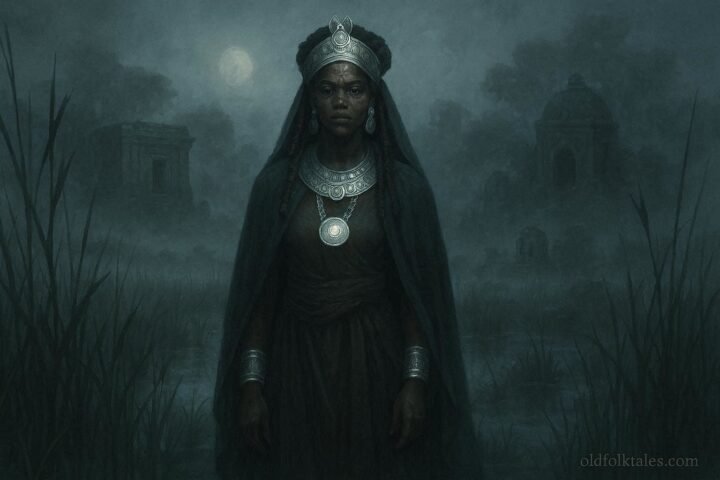A mysterious Vazimba queen appearing through fog in sacred marshlands of Madagascar