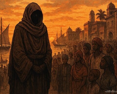 A mysterious veiled prophet standing near the harbor of Mahajanga Madagascar