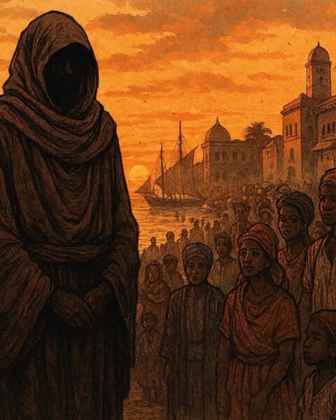 A mysterious veiled prophet standing near the harbor of Mahajanga Madagascar