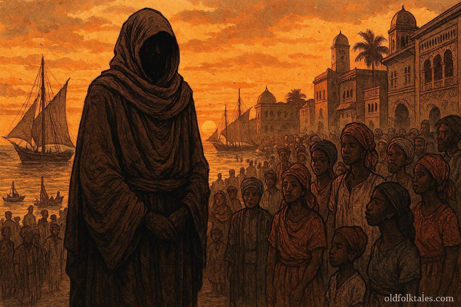 A mysterious veiled prophet standing near the harbor of Mahajanga Madagascar