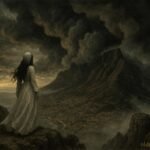 A mysterious woman in white standing on Table Mountain before a storm over Cape Town