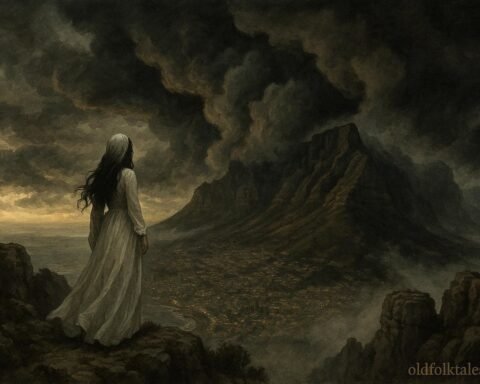 A mysterious woman in white standing on Table Mountain before a storm over Cape Town