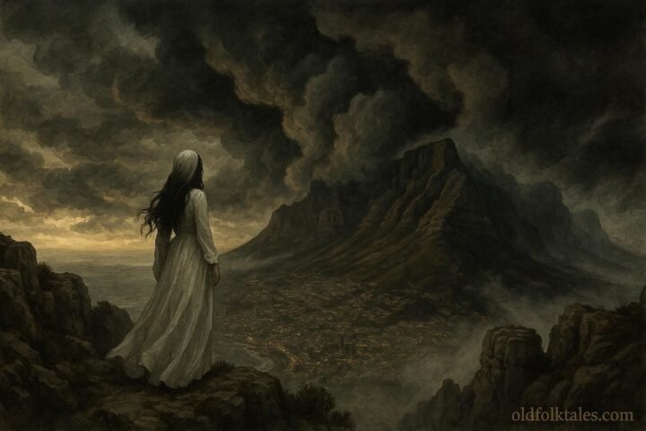 A mysterious woman in white standing on Table Mountain before a storm over Cape Town
