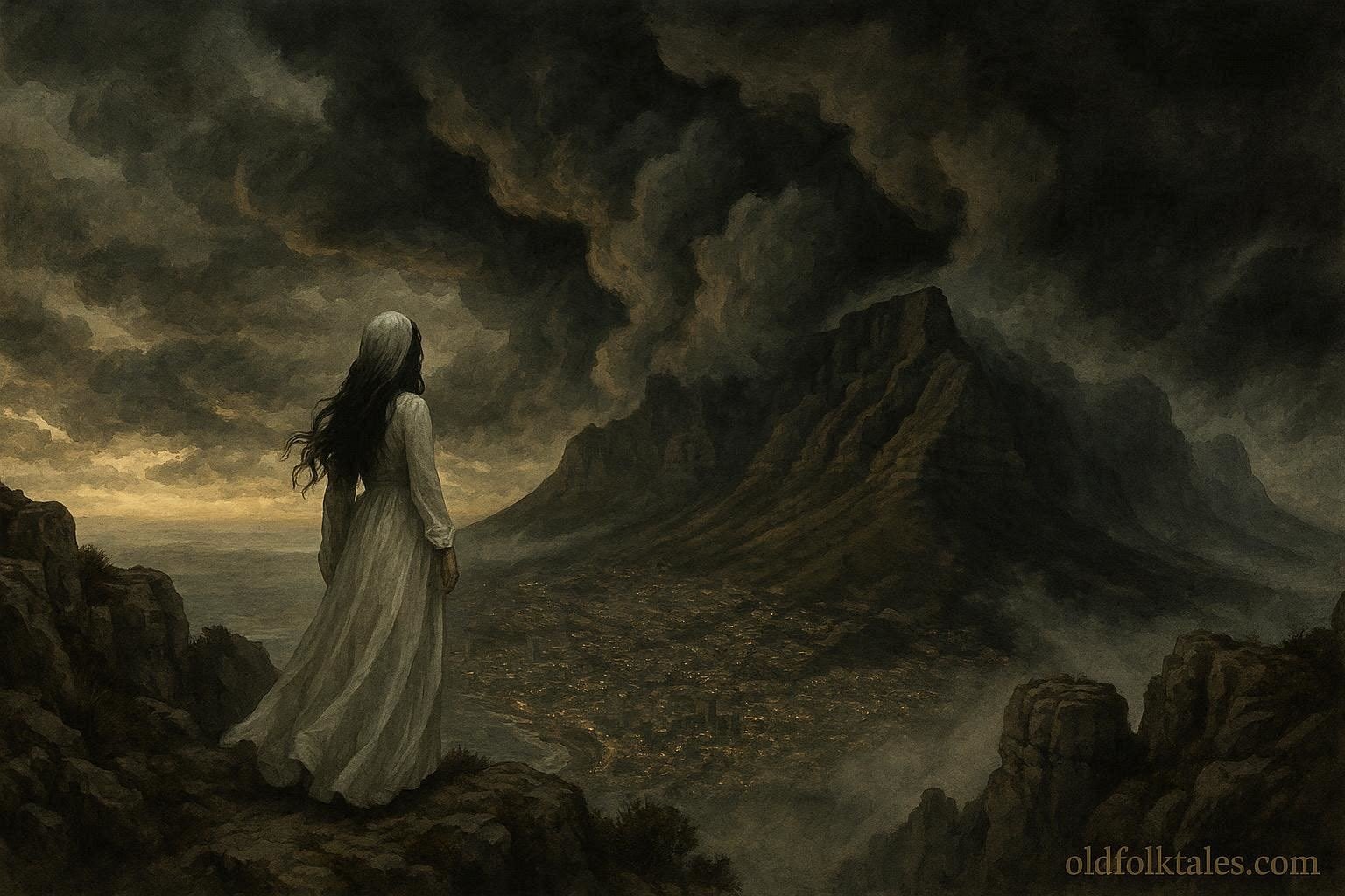 A mysterious woman in white standing on Table Mountain before a storm over Cape Town
