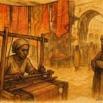 An illustration of weaver at loom in Tunis medina, artisan folktale scene.